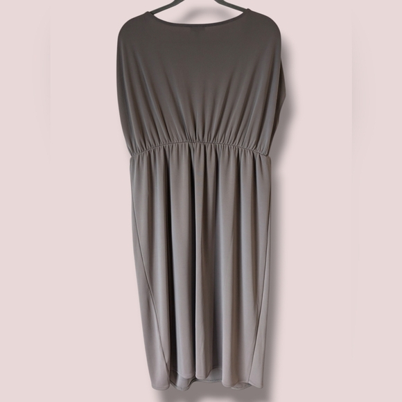 Talbot's Taupe Ruched Gathered V-Neck Cap Sleeve Midi Dress Minimalist Basic XL - Picture 2 of 8